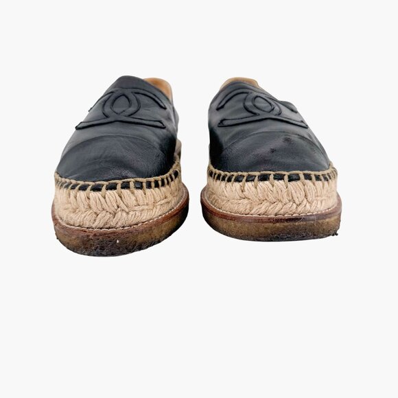 Chanel Black Leather CC Logo Espadrille Flats Size 39 US 8.5 Platform Shoes - Picture 5 of 14